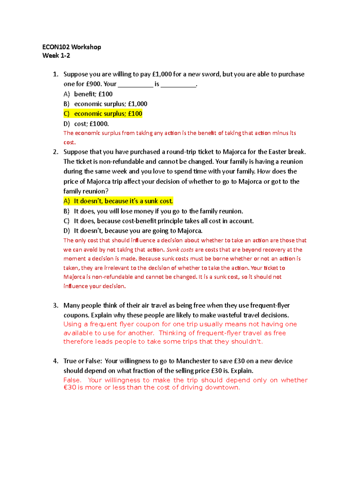 ECON102 W1-2Solution - Tutorial Answers - ECON102 Workshop Week 1-2 1 ...