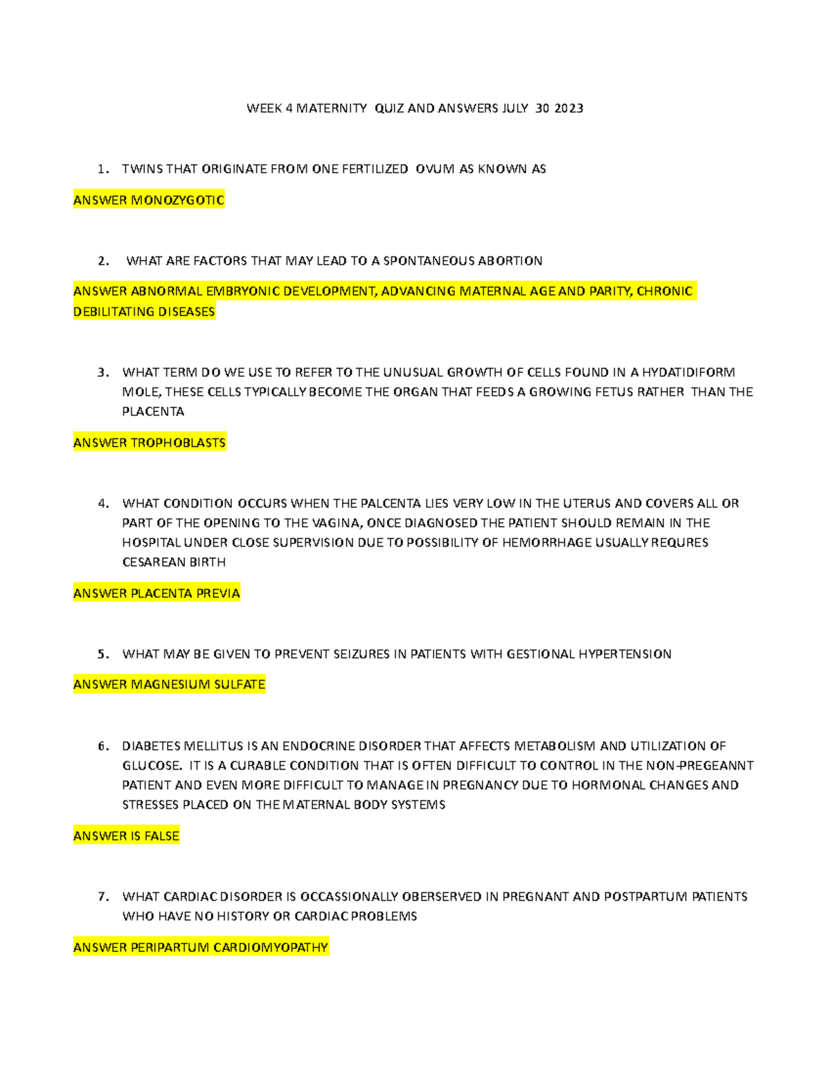 WEEK 4 Maternity QUIZ AND Answers JULY 30 2023 WEEK 4 MATERNITY QUIZ