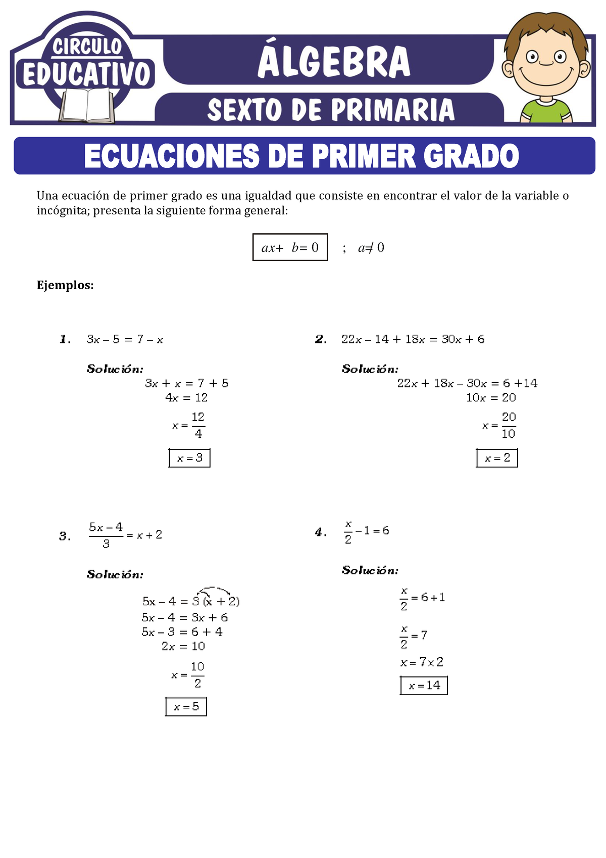 Ejercicios De Ecuaciones De Primer Grado Para Sexto De Primaria Circulo Educativo Una EcuaciÛn 6722