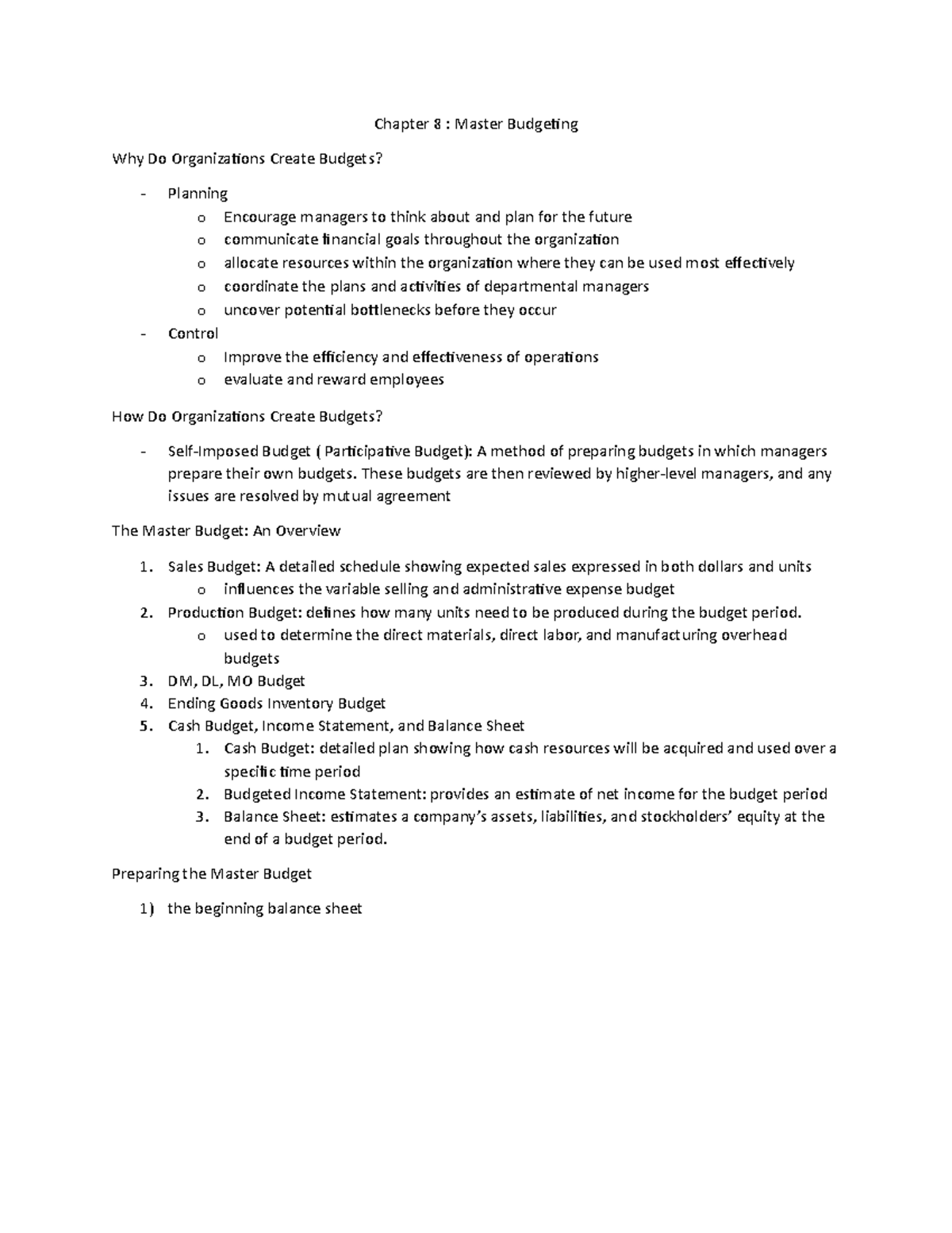 Chapter 8 - Textbook - Chapter 8 : Master Budgeing Why Do Organizaions ...