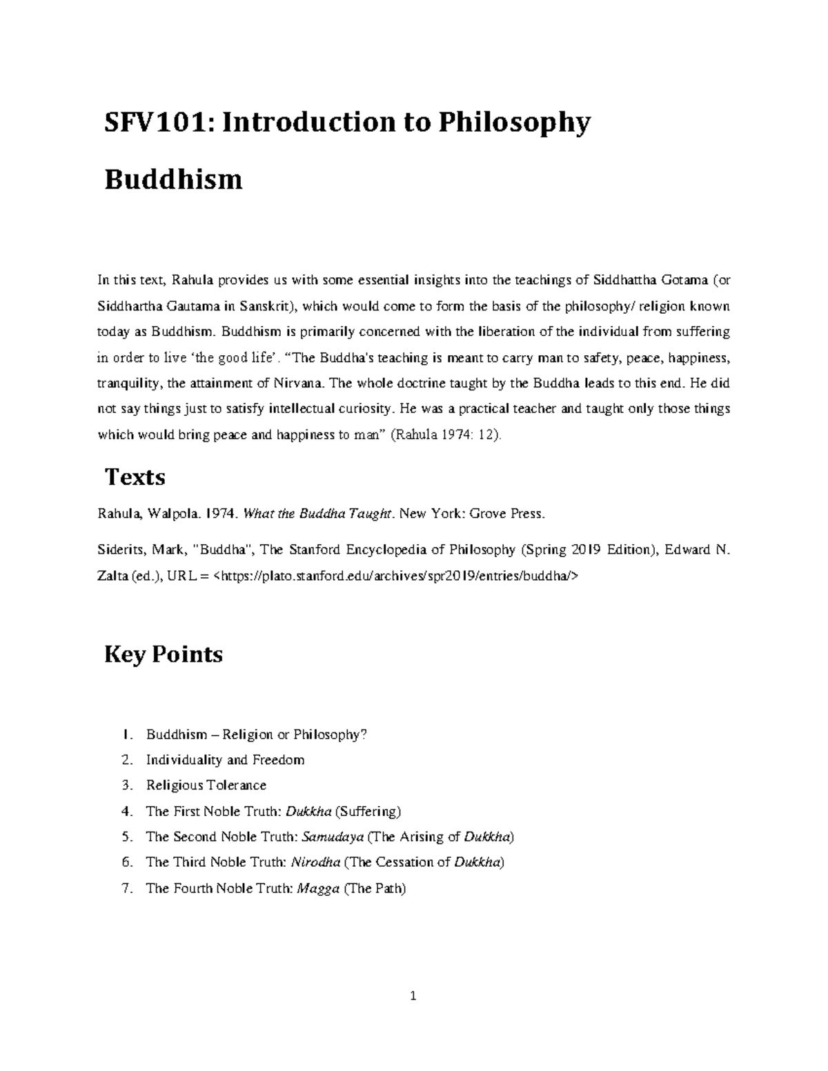 SFV101 Lecture 3 Notes Buddhism - SFV101: Introduction To Philosophy ...