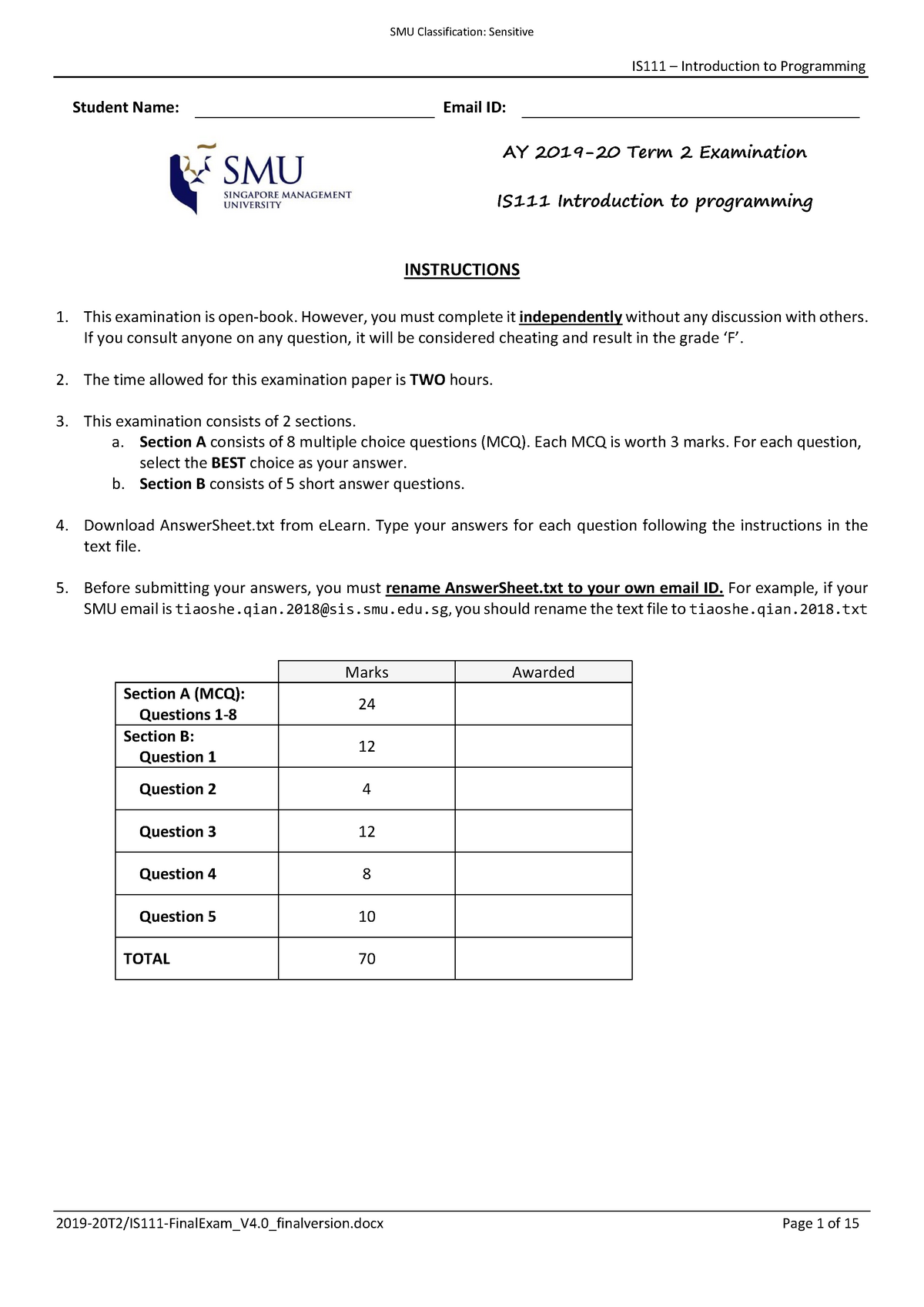 IS111 Final Exam Practice 2019/2020 IS111 SMU Studocu