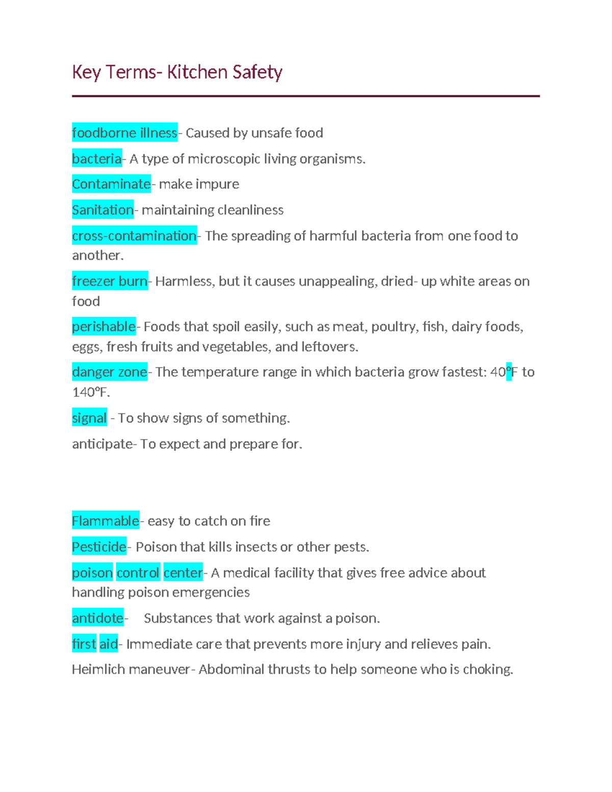 Kitchen Safety Key Terms Kitchen Safety foodborne illness Caused by