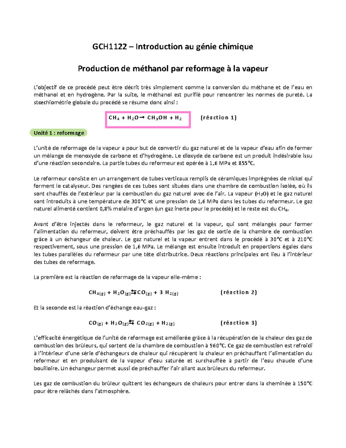 Production De M Thanol Gch Introduction Au G Nie Chimique