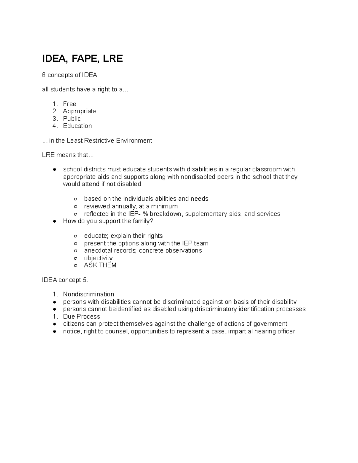 IDEA, FAPE, LRE - in-class notes - IDEA, FAPE, LRE 6 concepts of IDEA ...