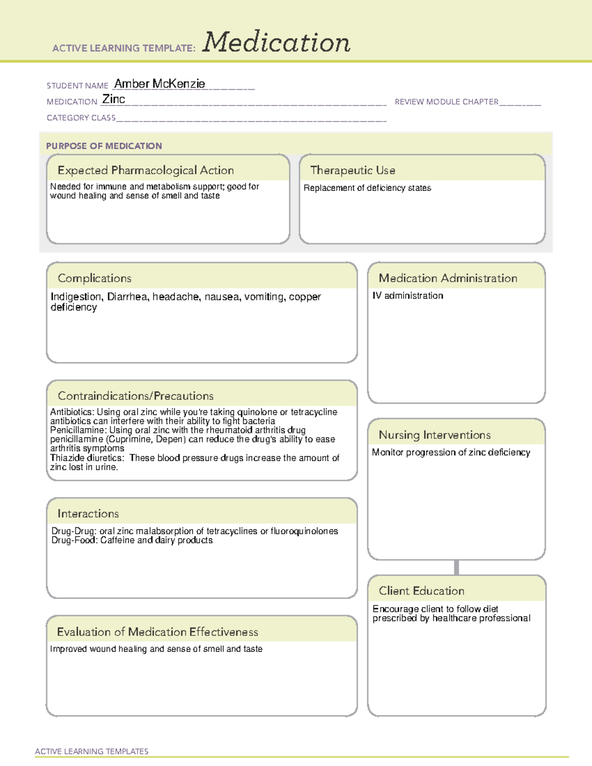 Zinc Medication Template - ACTIVE LEARNING TEMPLATES Medication STUDENT ...