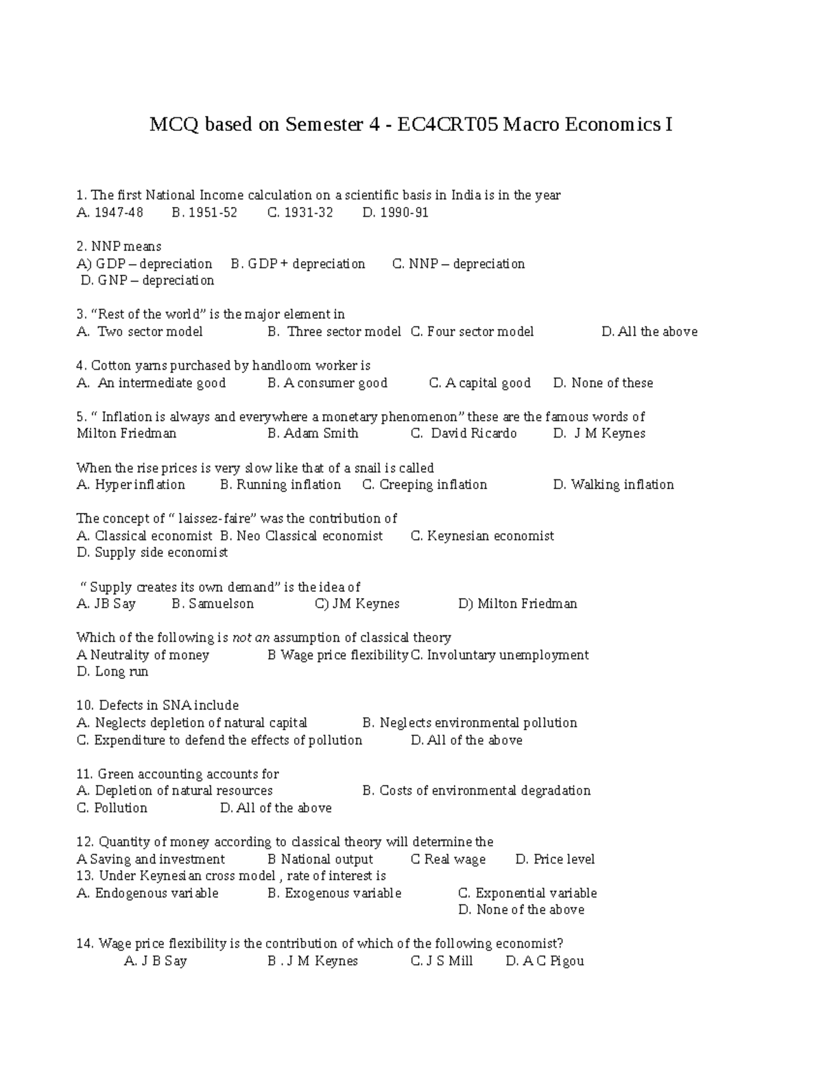 MCQ 4 Macro Economics 1 Corrected - MCQ Based On Semester 4 - EC4CRT05 ...