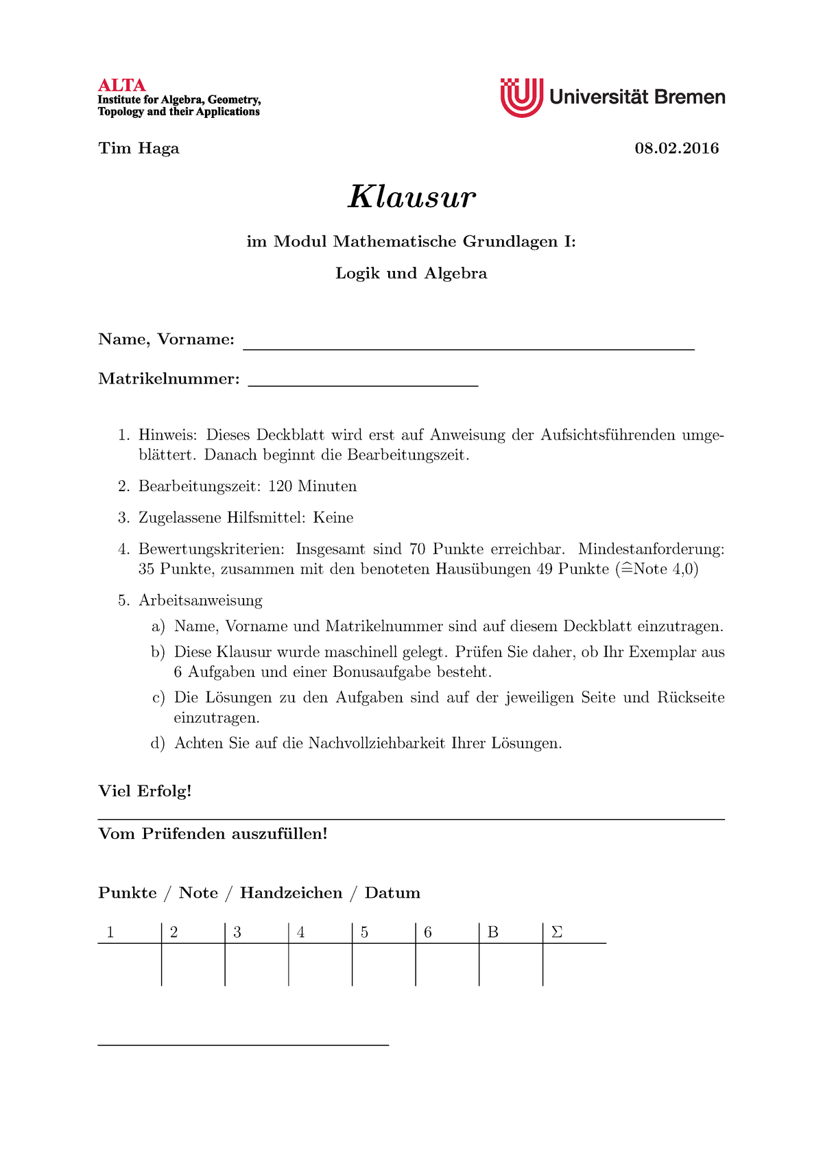 Klausur - Mathe 1 - Tim Haga 08.02 Klausur Im Modul Mathematische ...