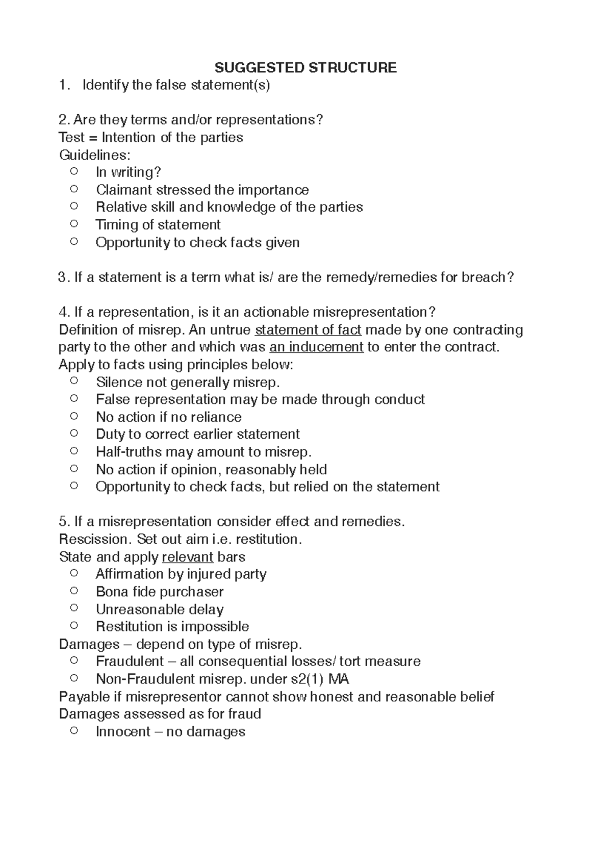 Suggested Structure - Answering a Misrep. question - SUGGESTED ...