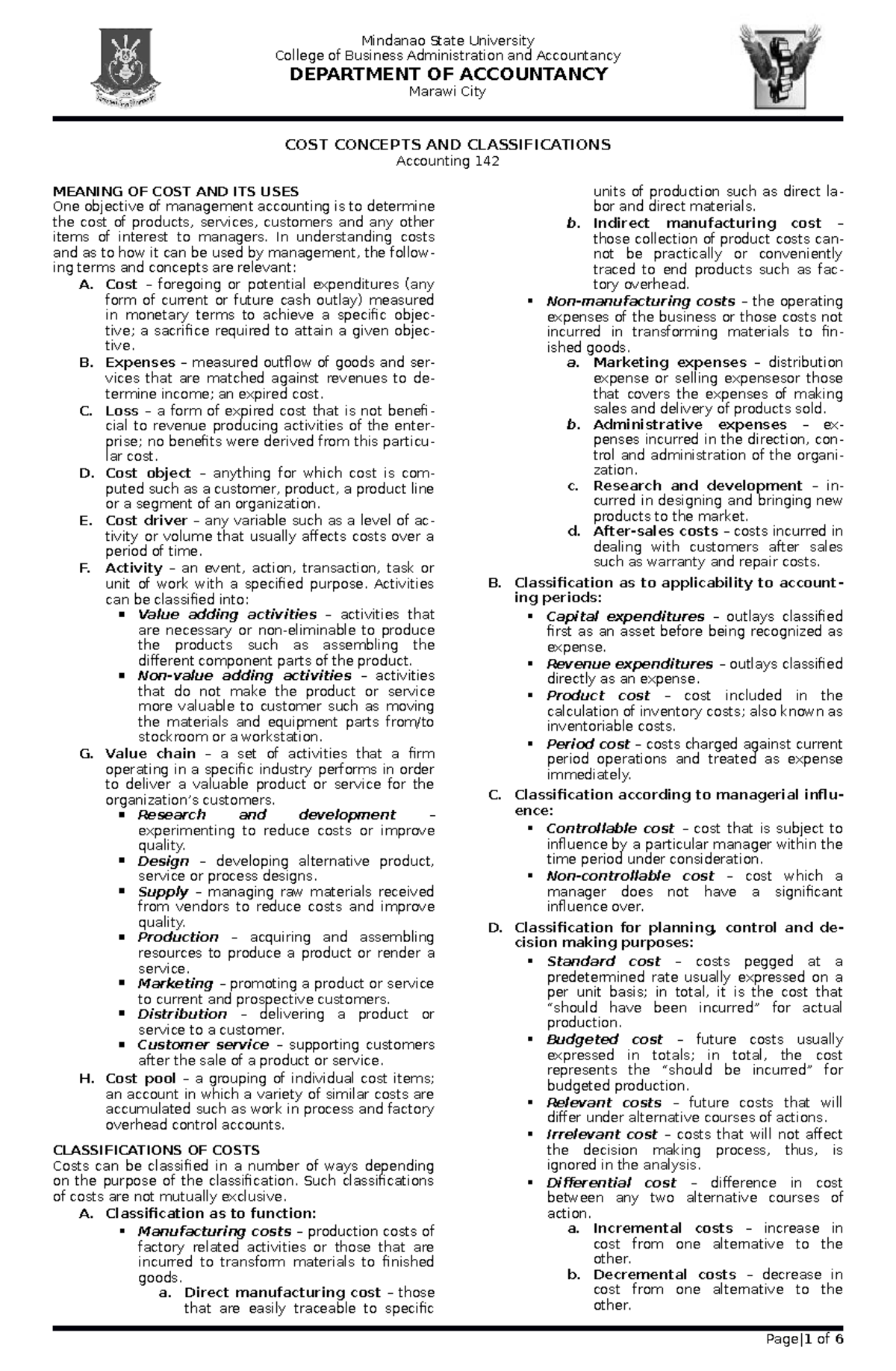 COST CONCEPTS AND CLASSIFICATIONS - Mindanao State University College ...