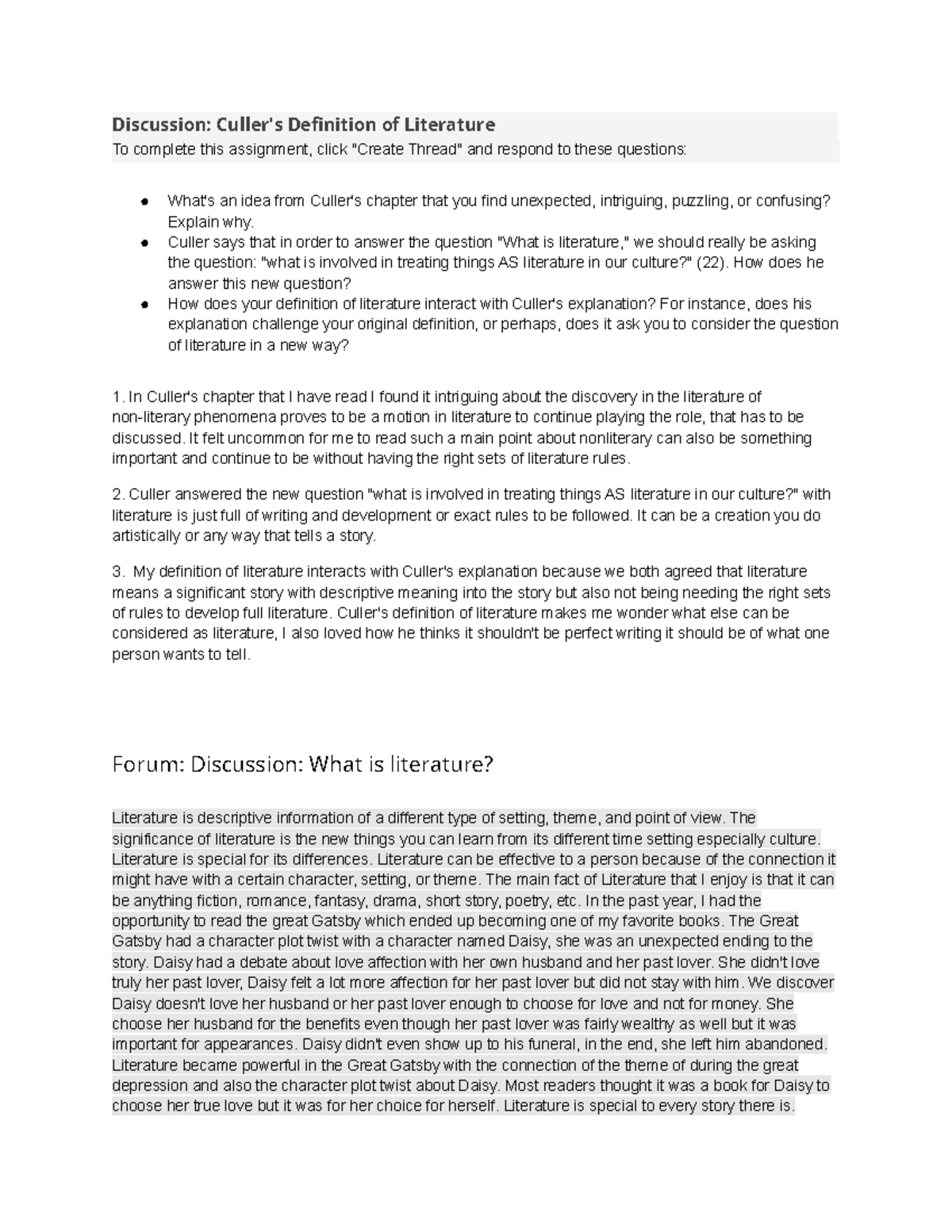 Week 1 lectures Prof. Torres Discussion Culler's Definition of