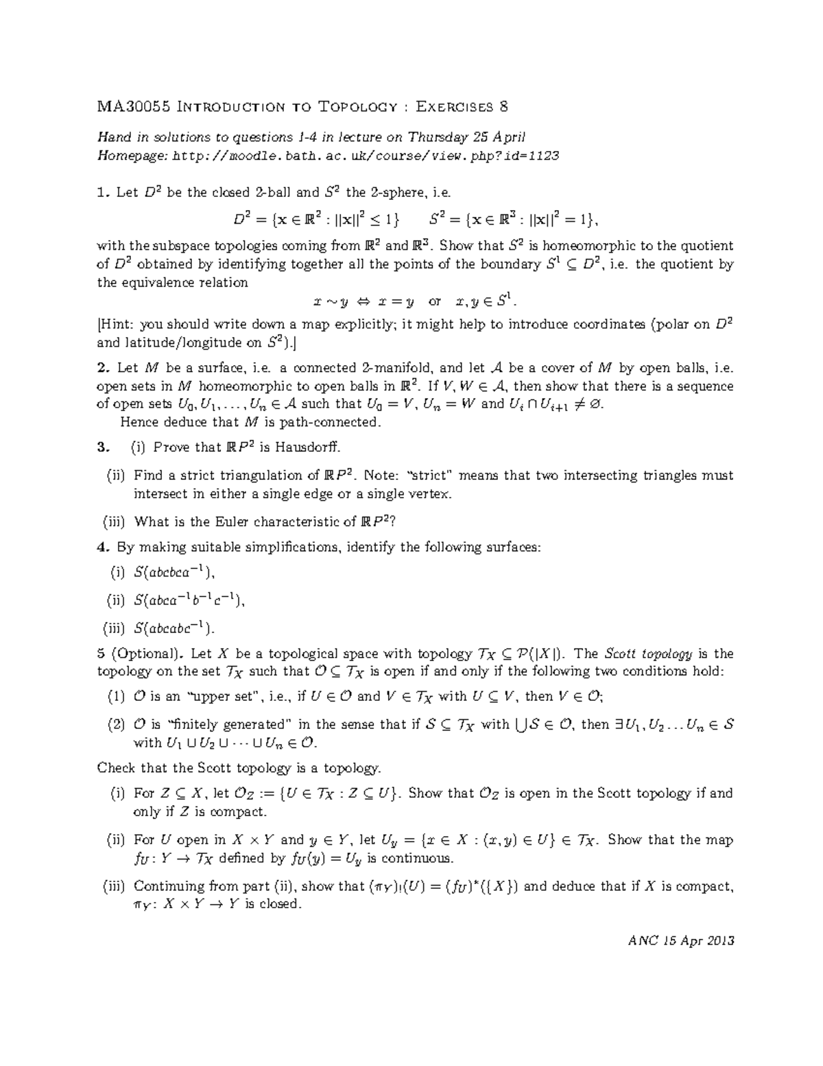 MA30055 2012-2013 Exercise Sheet 8 - MA30055 Introduction to Topology ...