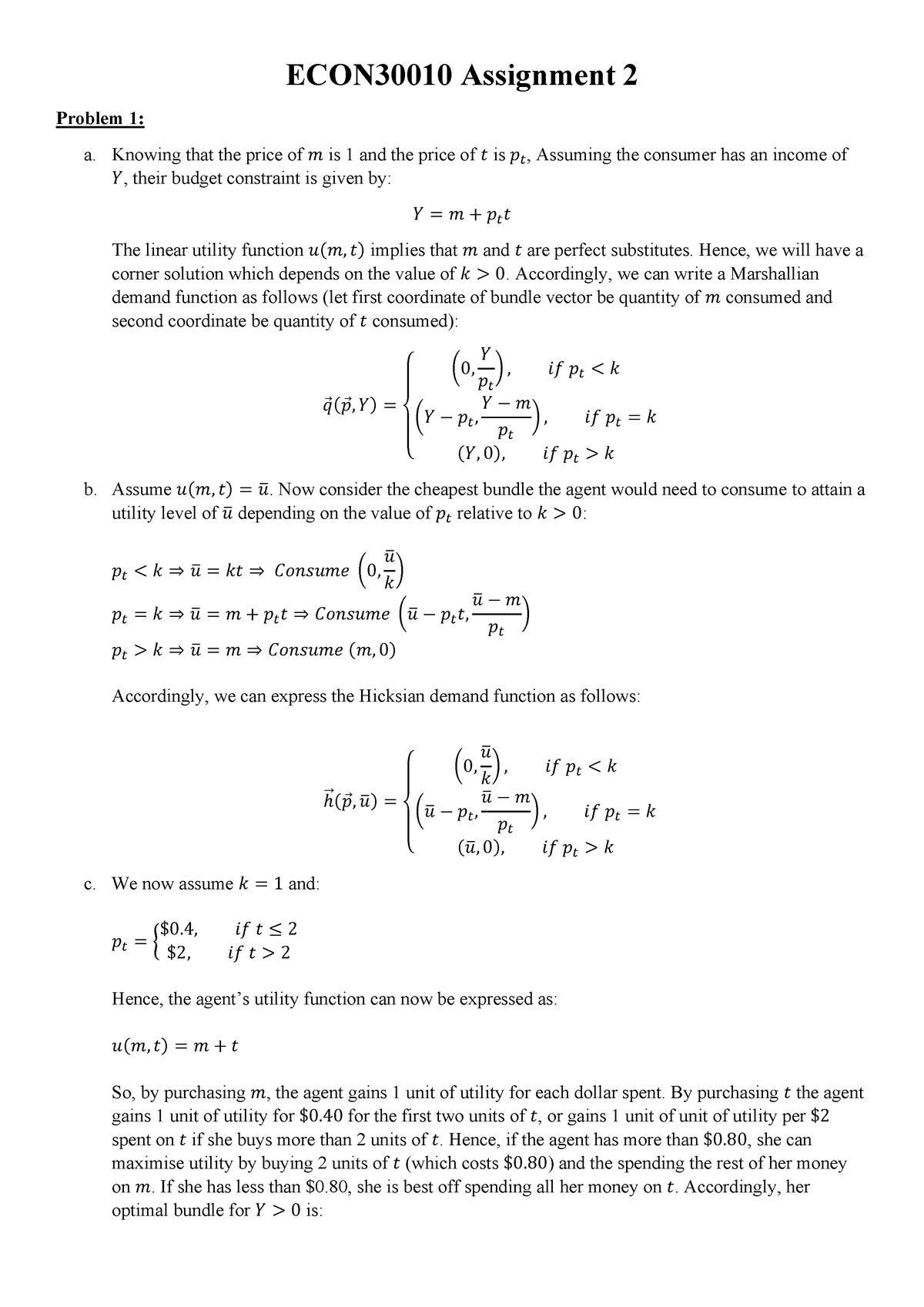 Microeconomics ECON30010 Assignment 1 (100%) - ECON30010 Assignment 2 ...