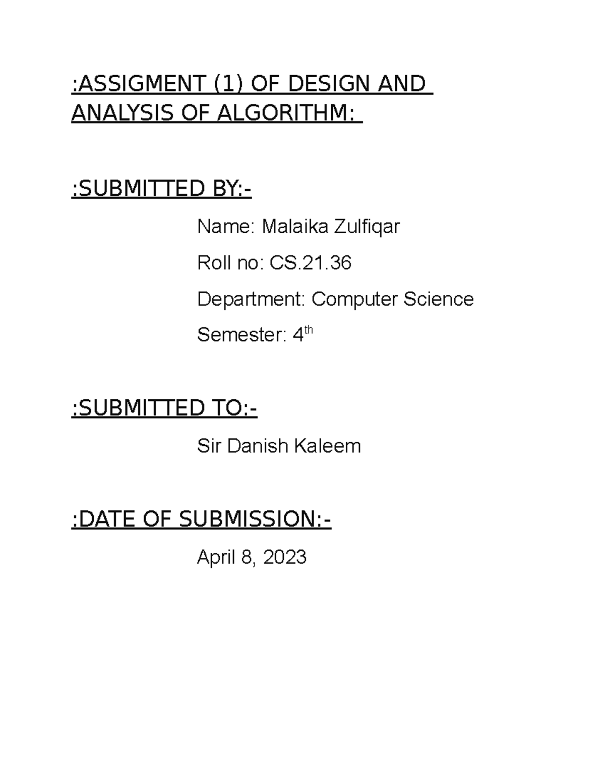 Assigment - :ASSIGMENT (1) OF DESIGN AND ANALYSIS OF ALGORITHM ...
