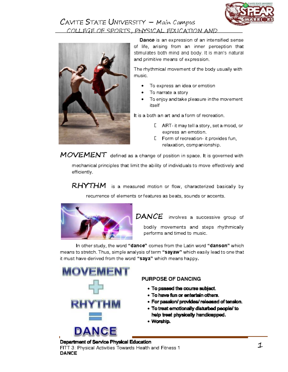 FITT 3 Dance Handout - COLLEGE OF SPORTS, PHYSICAL EDUCATION AND FITT 3 ...