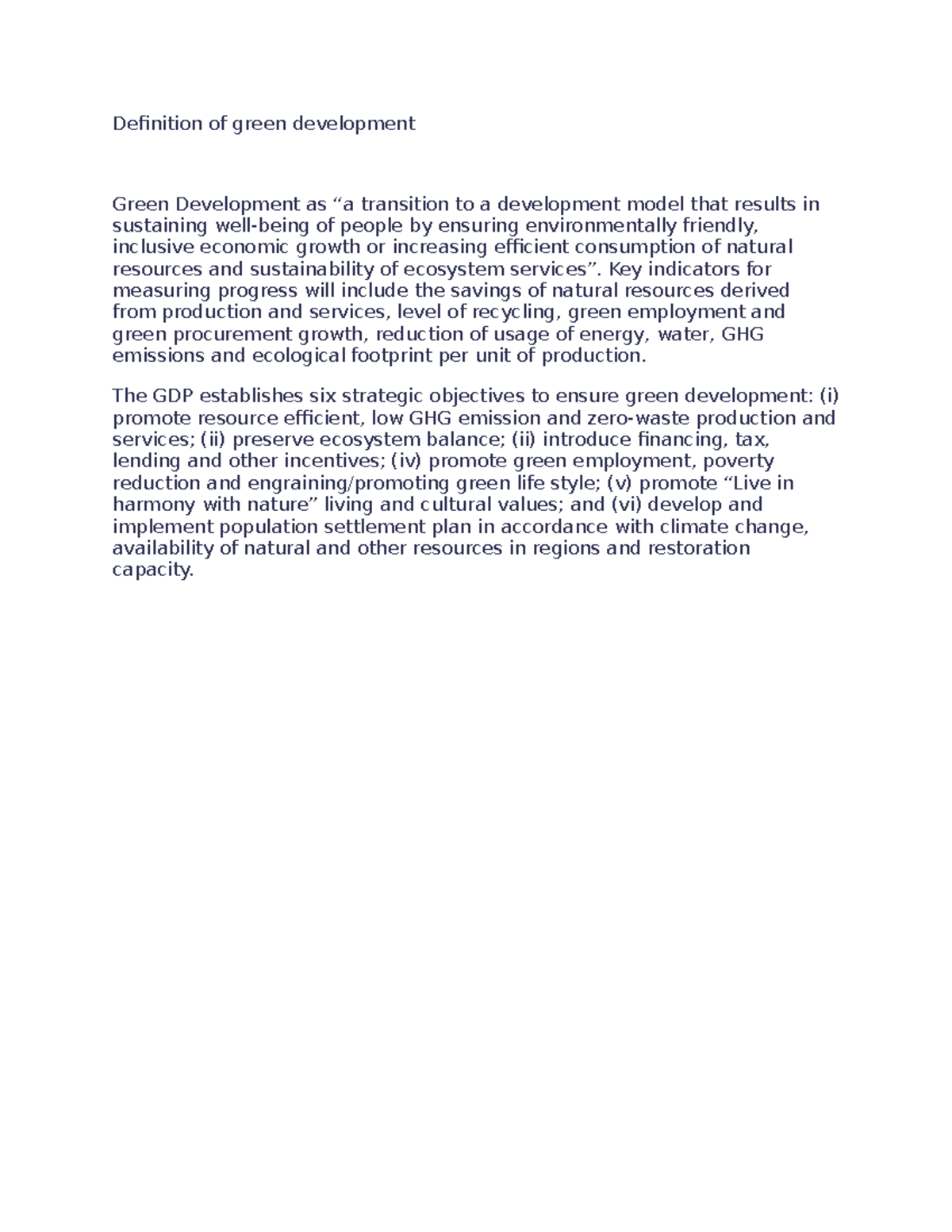 Definition of green development - Key indicators for measuring progress ...