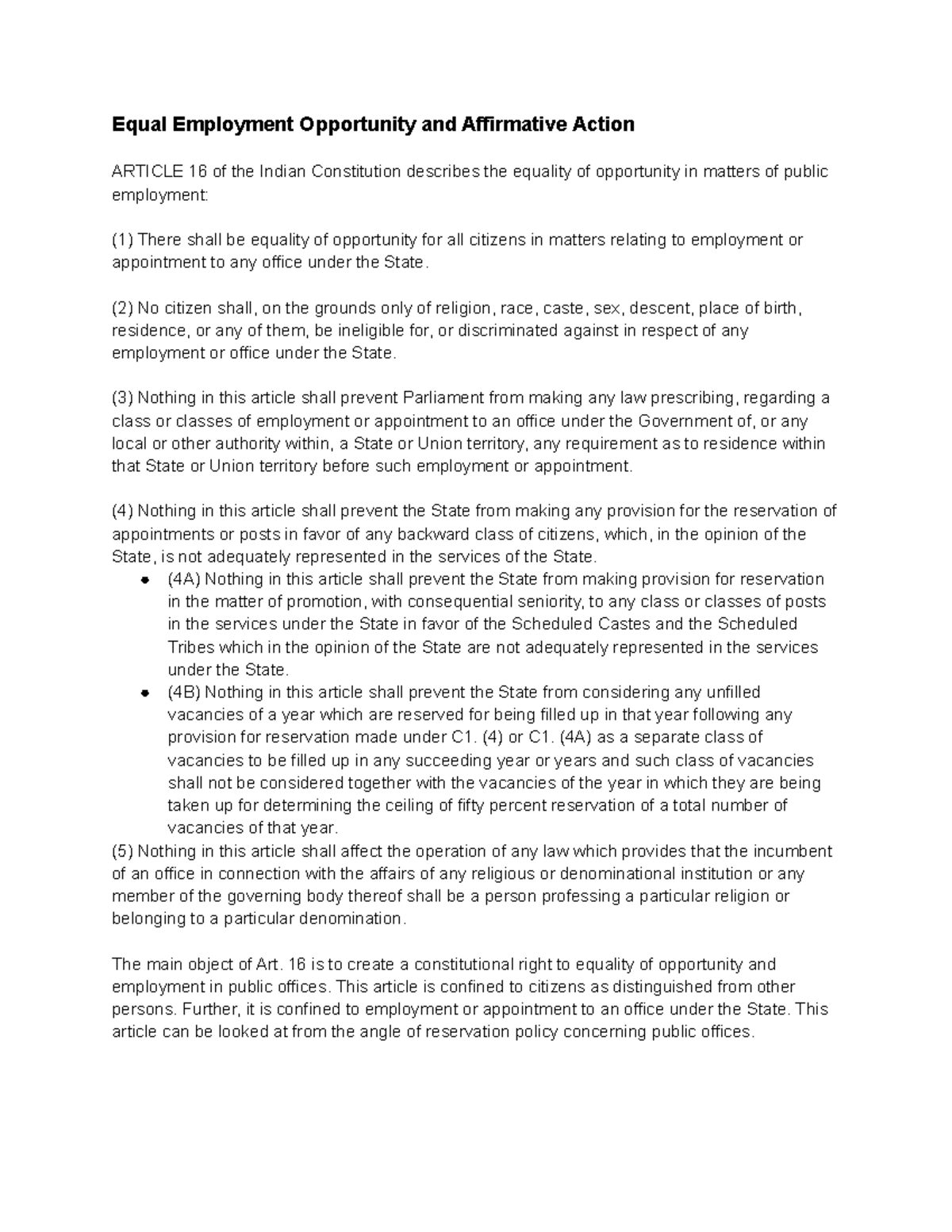 Equal Employment Opportunity and Affirmative Action - (2) No citizen ...