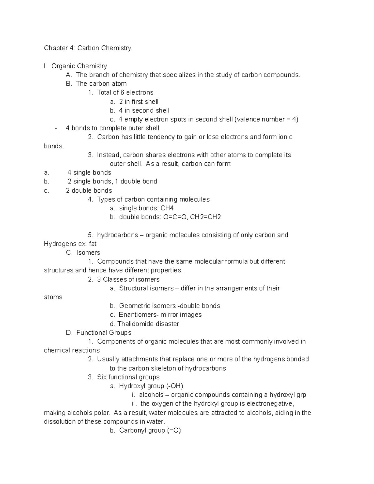 Bio Chapter 4 - Chapter 4: Carbon Chemistry. I. Organic Chemistry A ...