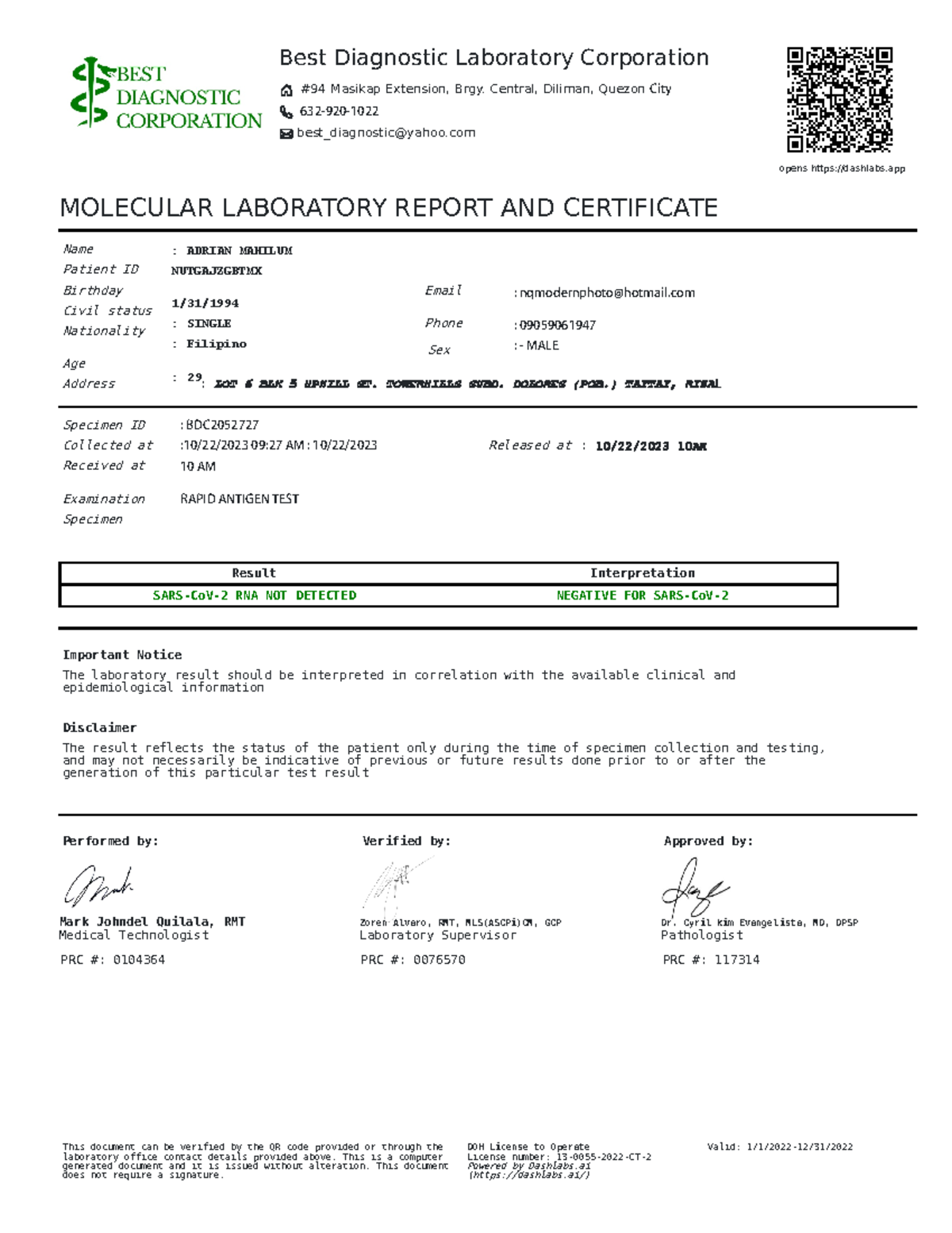 Adrian Mahilum Antigen - Best Diagnostic Laboratory Corporation #94 ...