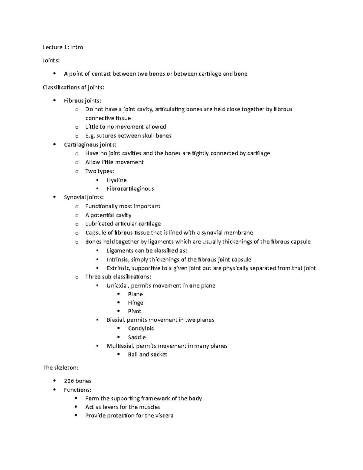 Kin 100 study notes - Lecture 1: Intro Joints: A point of contact ...