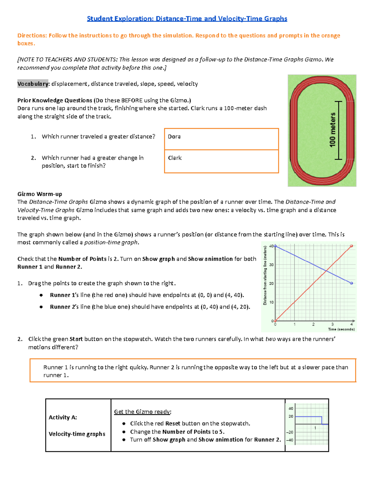 Distance-time And Velocity-time Graphs - Student Exploration: Distance 