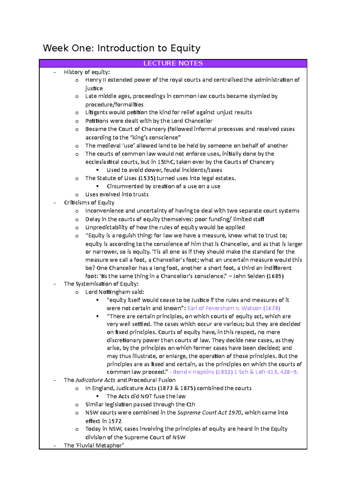 Equity WK1 Lecnotes - Week One: Introduction to Equity LECTURE NOTES ...