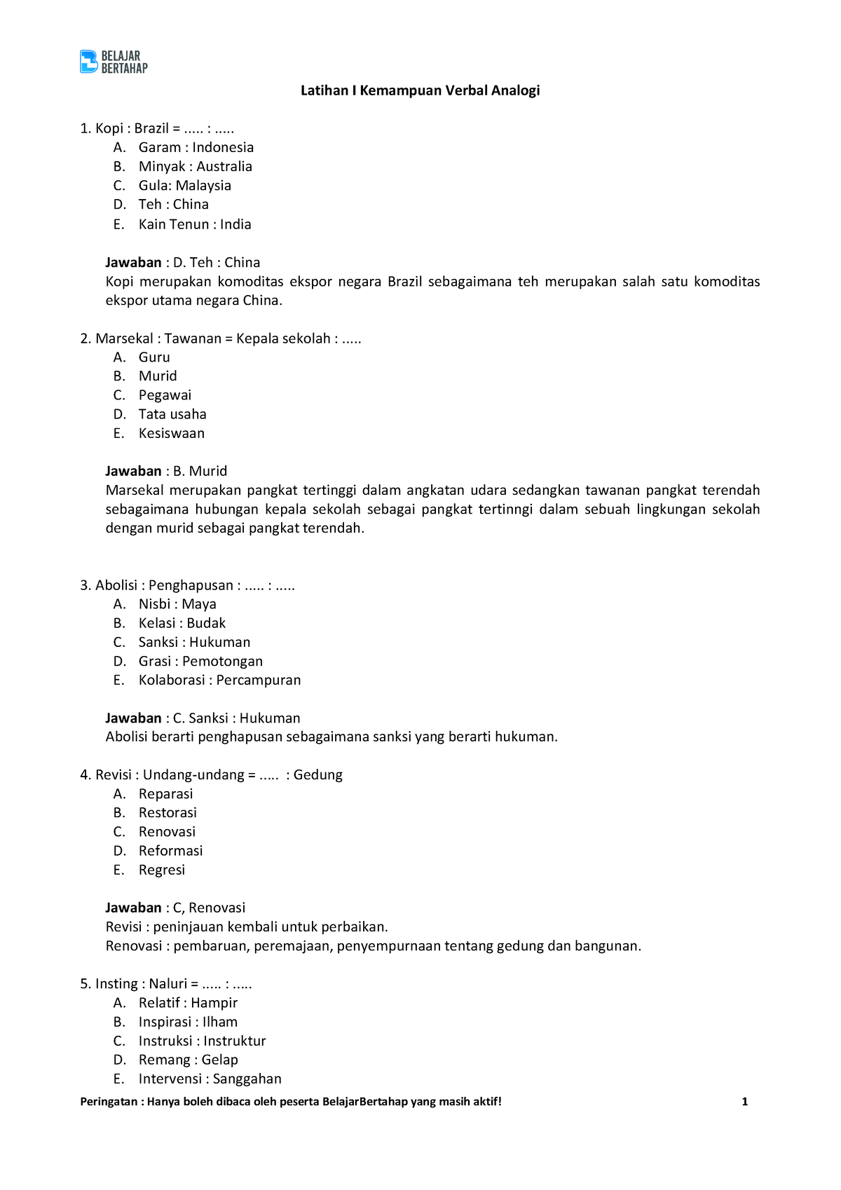 Latihan I Kemampuan Verbal-Analogi - Latihan I Kemampuan Verbal Analogi ...