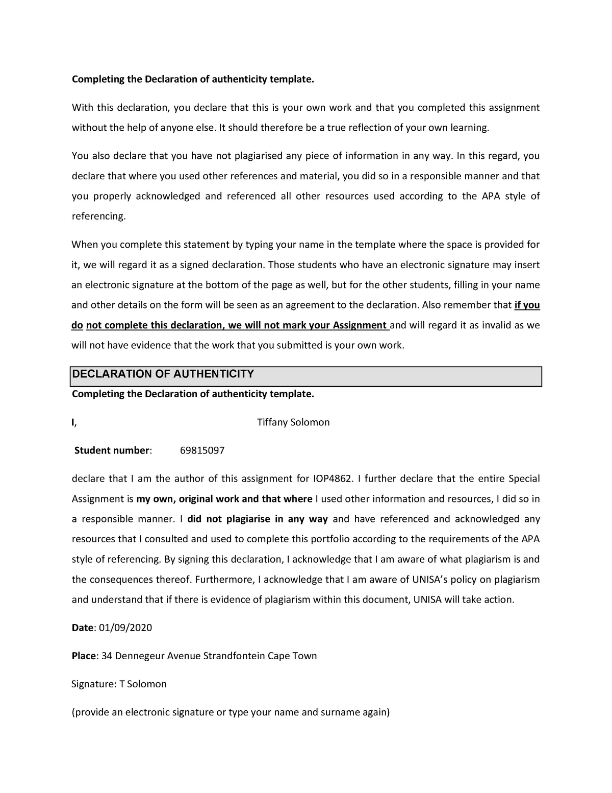 student assignment declaration of authenticity