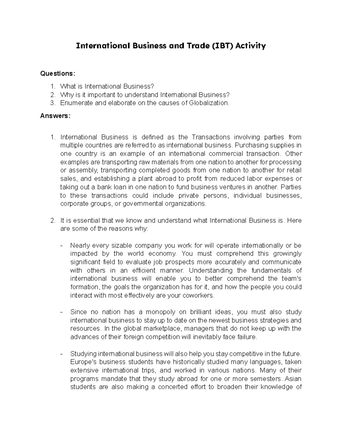 IBT Assignment #1 - International Business and Trade (IBT) Activity ...