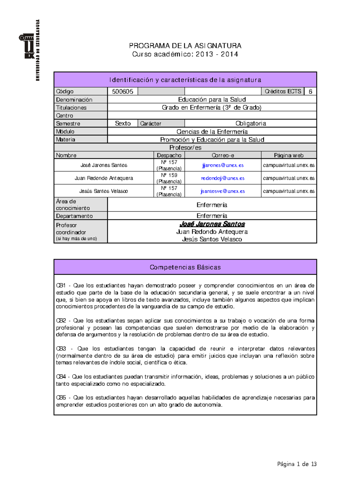 Educacion para la Salud - PROGRAMA DE LA ASIGNATURA Curso académico ...