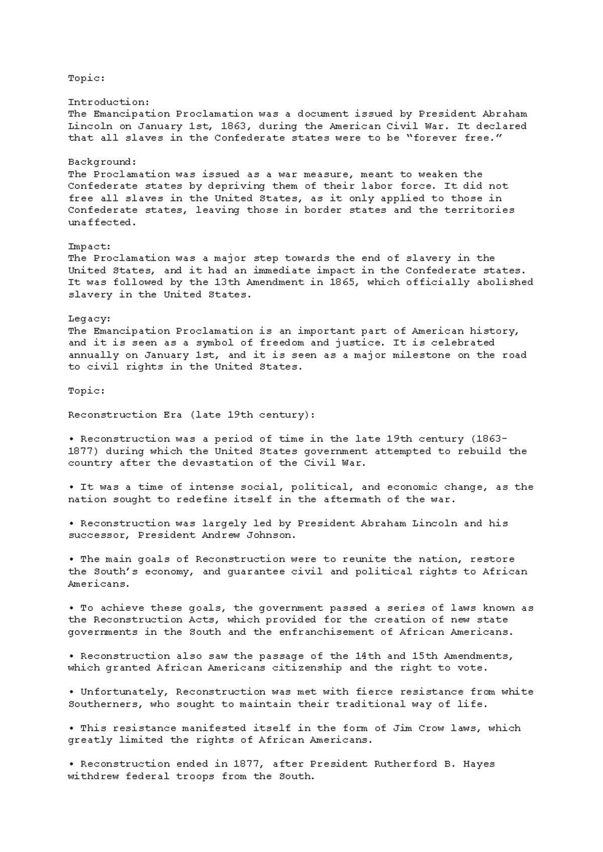 P77USHist 1 - Lecture notes - Topic: Introduction: The Emancipation ...