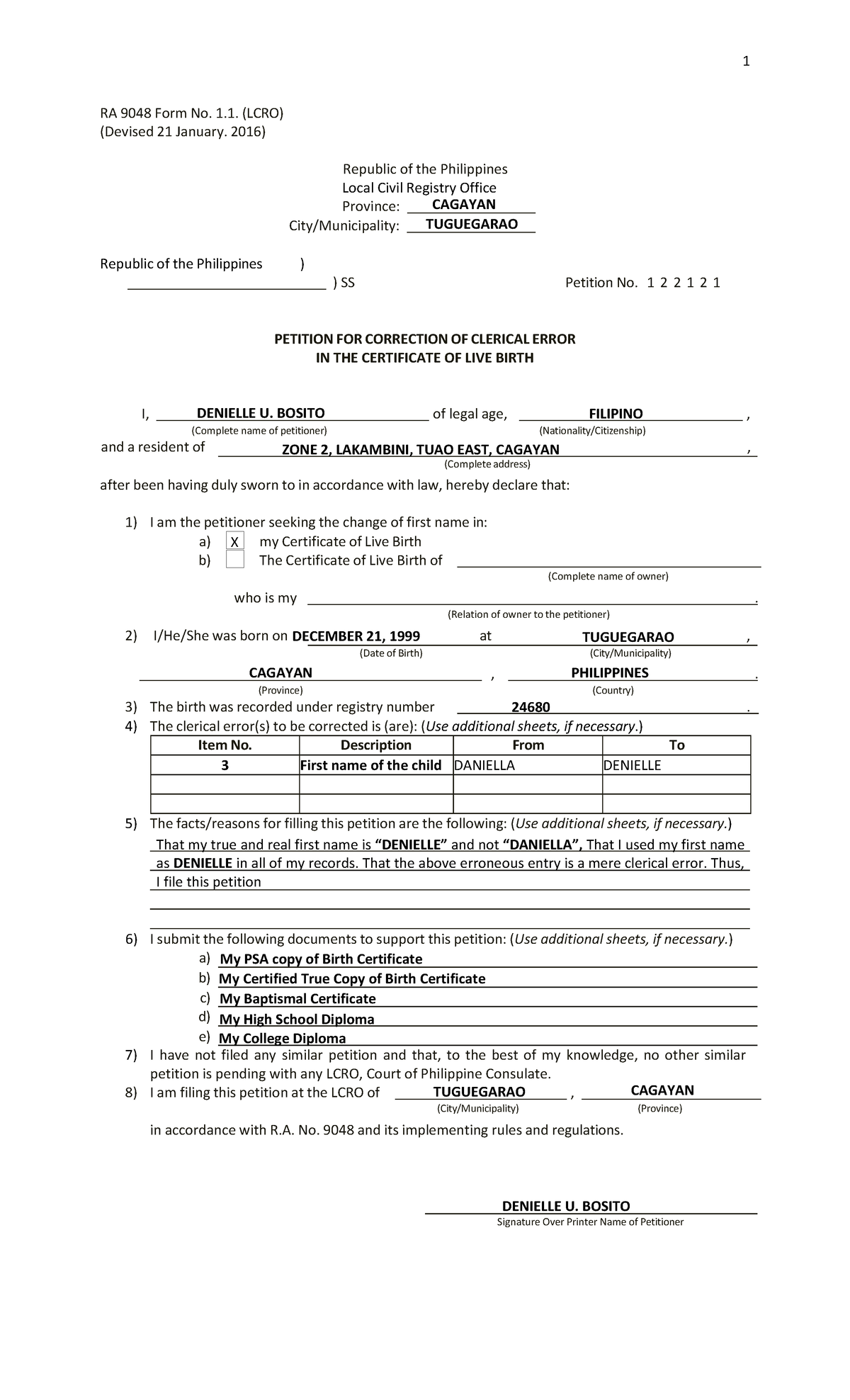 Birth-LCR Bosito hhh - 1 RA 9048 Form No. 1. (LCRO) (Devised 21 January ...