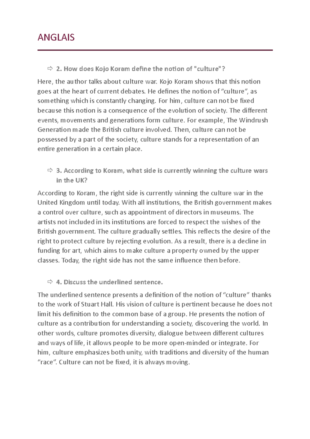 Anglais Note de devoir maison ANGLAIS 2. How does Kojo Koram define