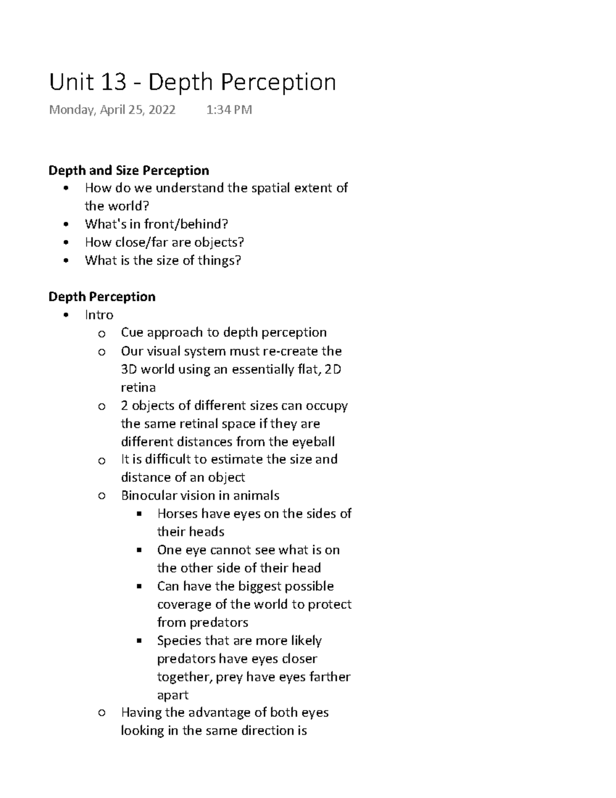 Unit 13 Depth Perception Depth and Size Perception How do we