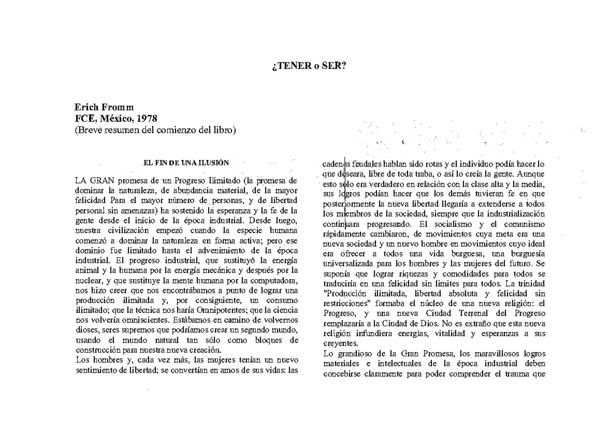 Texto Tener o ser de Erick Fromm, Teología - ¿TENER o SER? .Erich Fromm