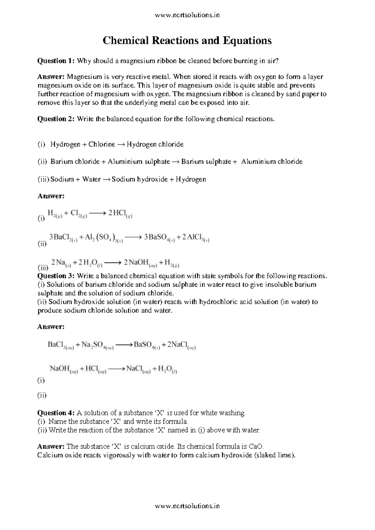 Chemical Reactions and Equa - Chemical Reactions and Equations Question ...