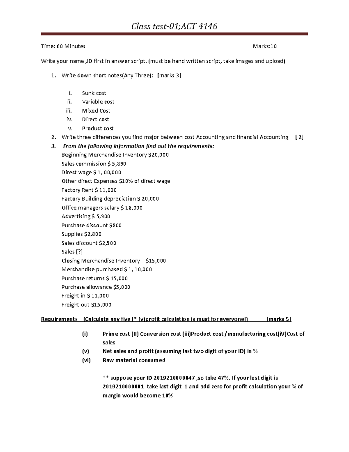 Test 1 act 4146 - act - Class test-01;ACT 4146 Time: 60 Minutes Marks ...