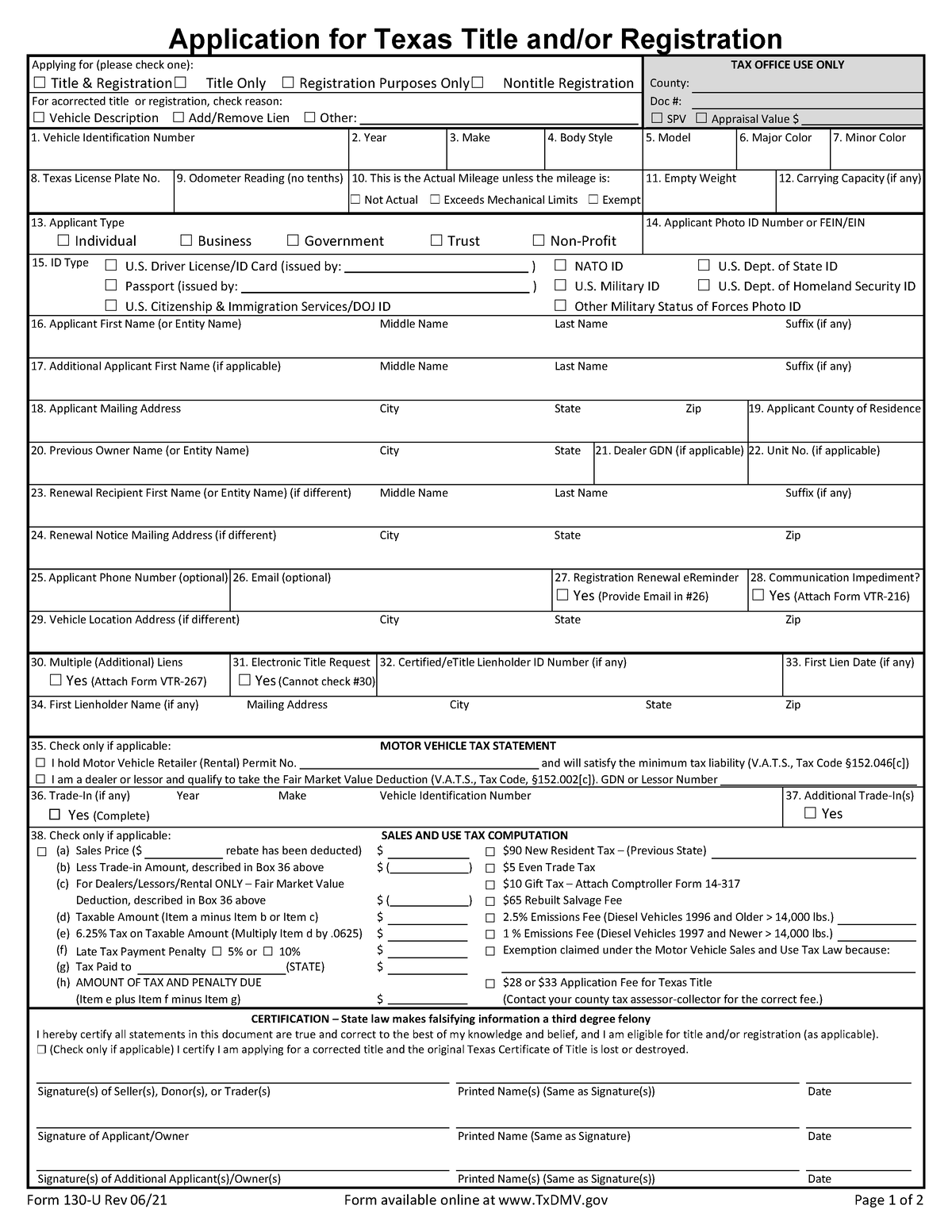 130-U - sirve para cambio de propietario - ☐ Title & Registration ...