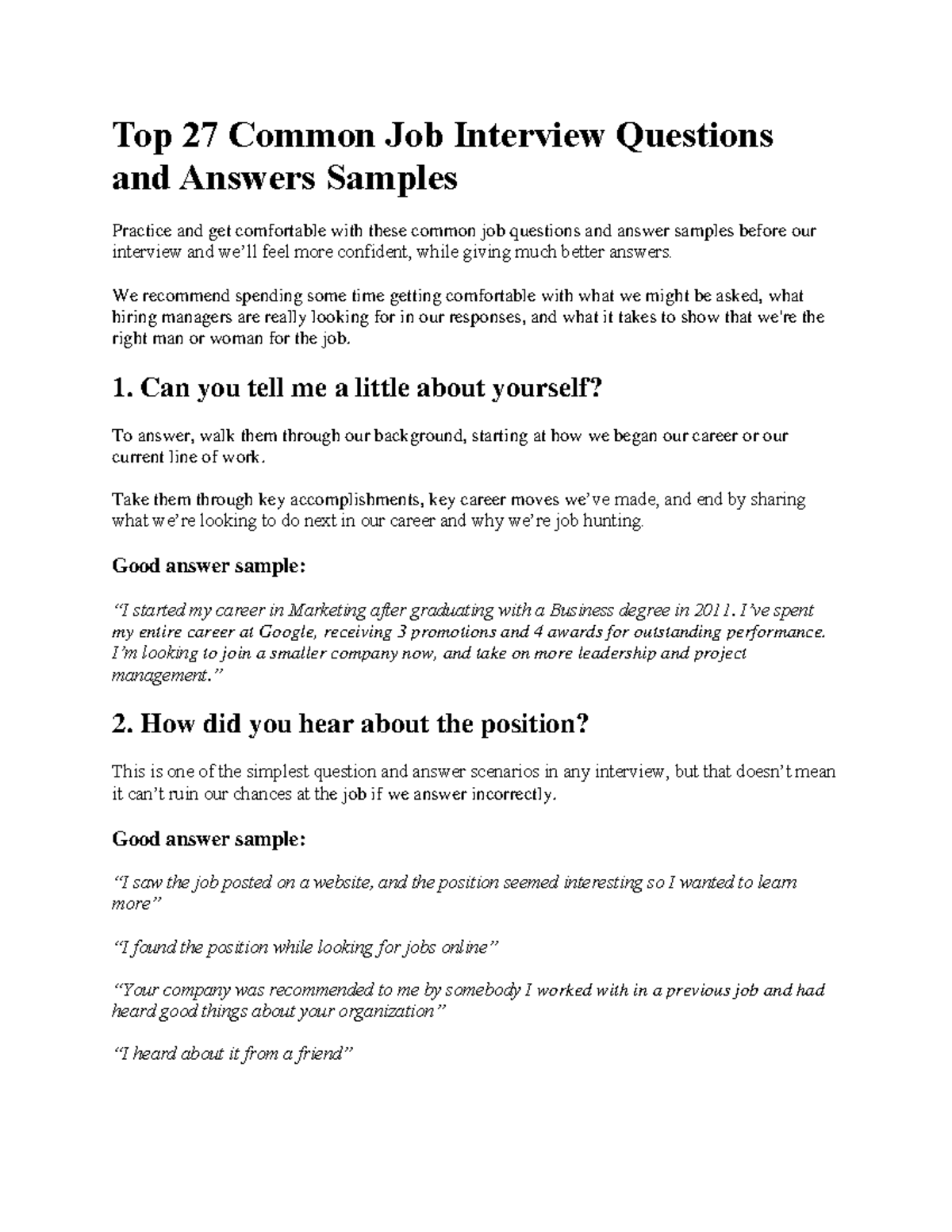 411737283 Job Interview Questions and Answers PDF - OBHR201 - SMU - Studocu