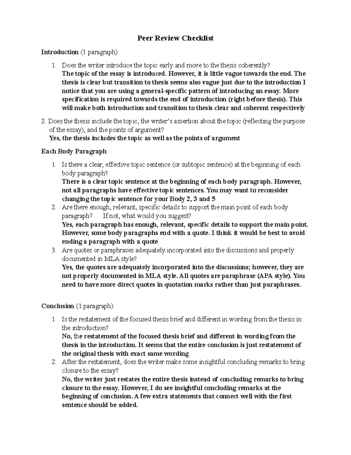 Peer Review Checklist for Peer Review Checklist