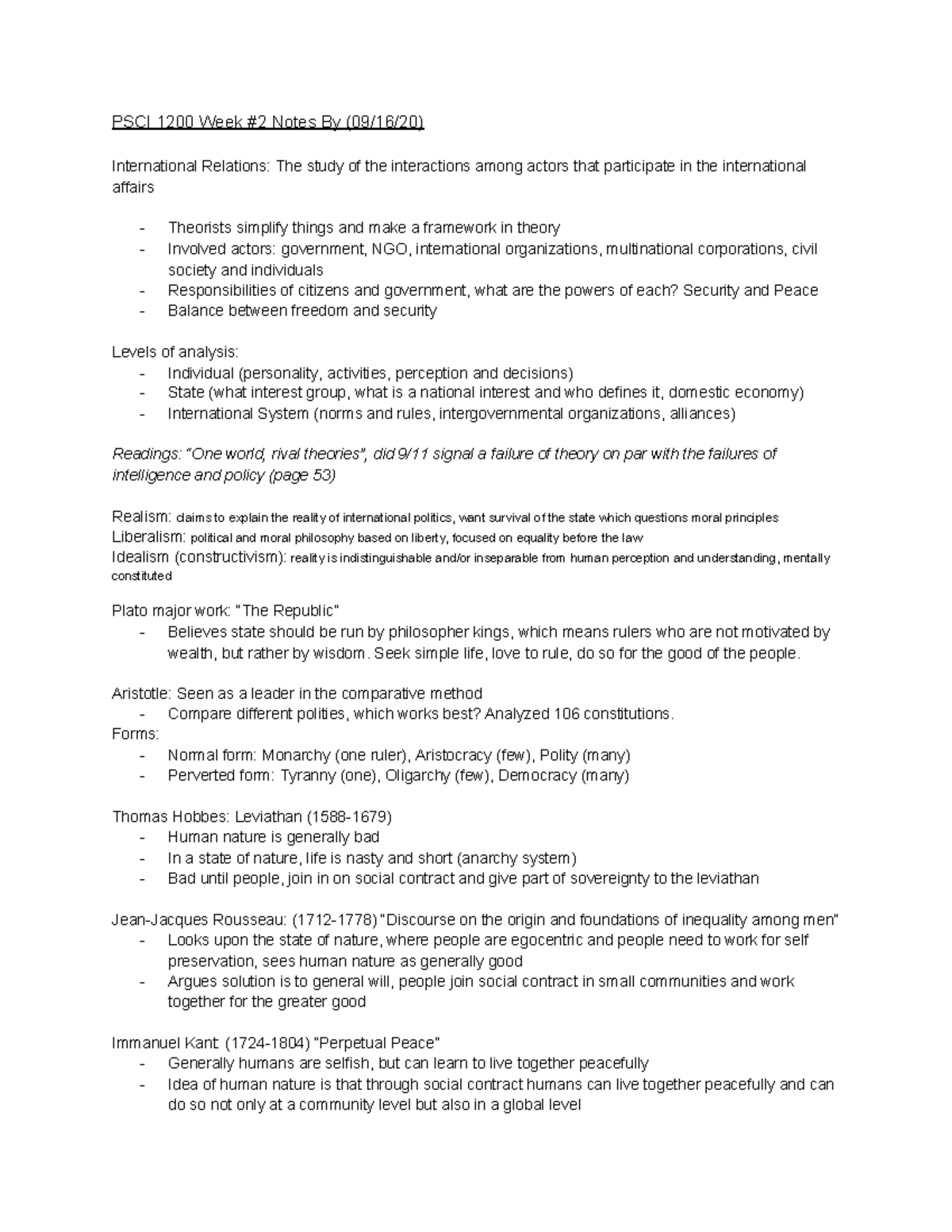 World Politics Week 2 Notes - PSCI 1200 Week #2 Notes By (09/16/20 ...