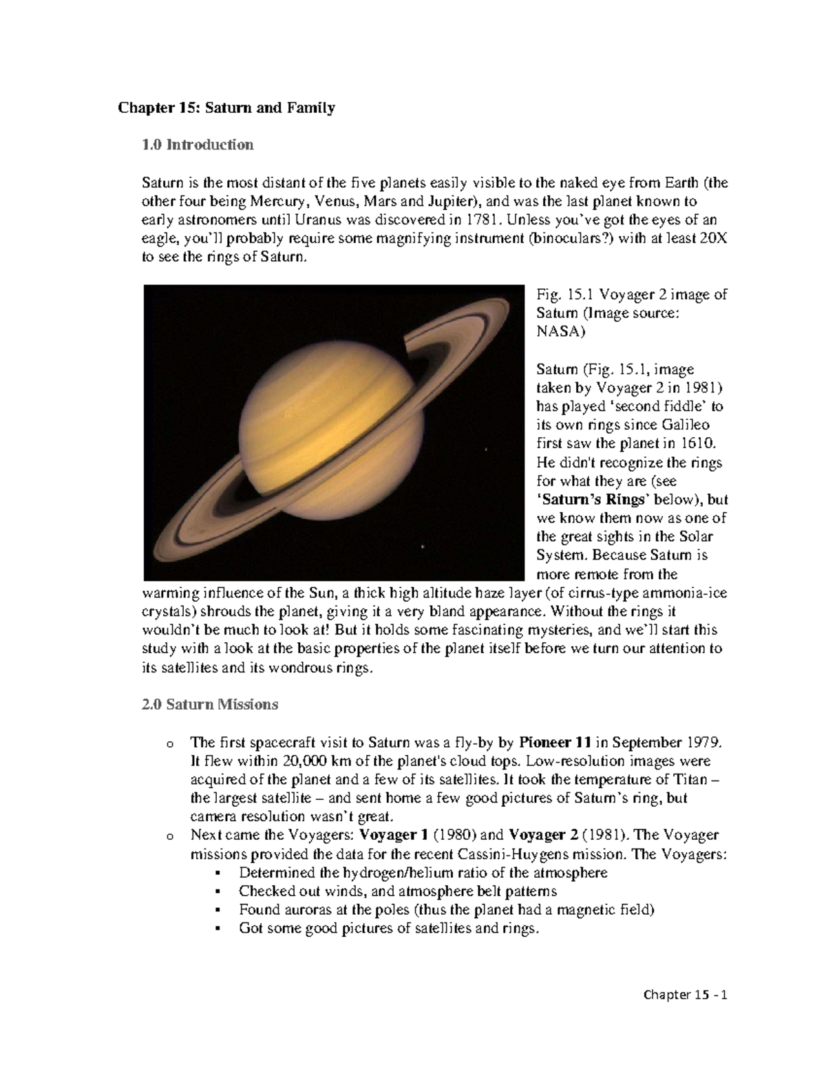 Earth Sci 1086 Chap #15 - Chapter 15: Saturn and Family 1 Introduction ...