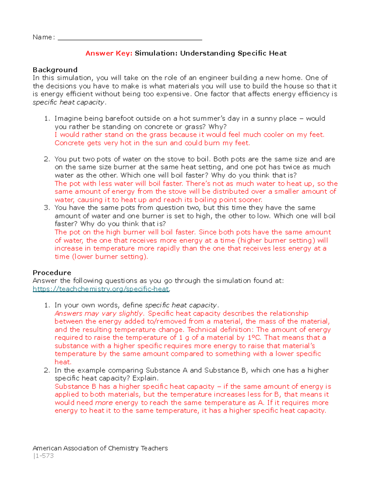 Copy of 1. b) Simulation Answers Understanding Specific Heat Capacity Name Studocu