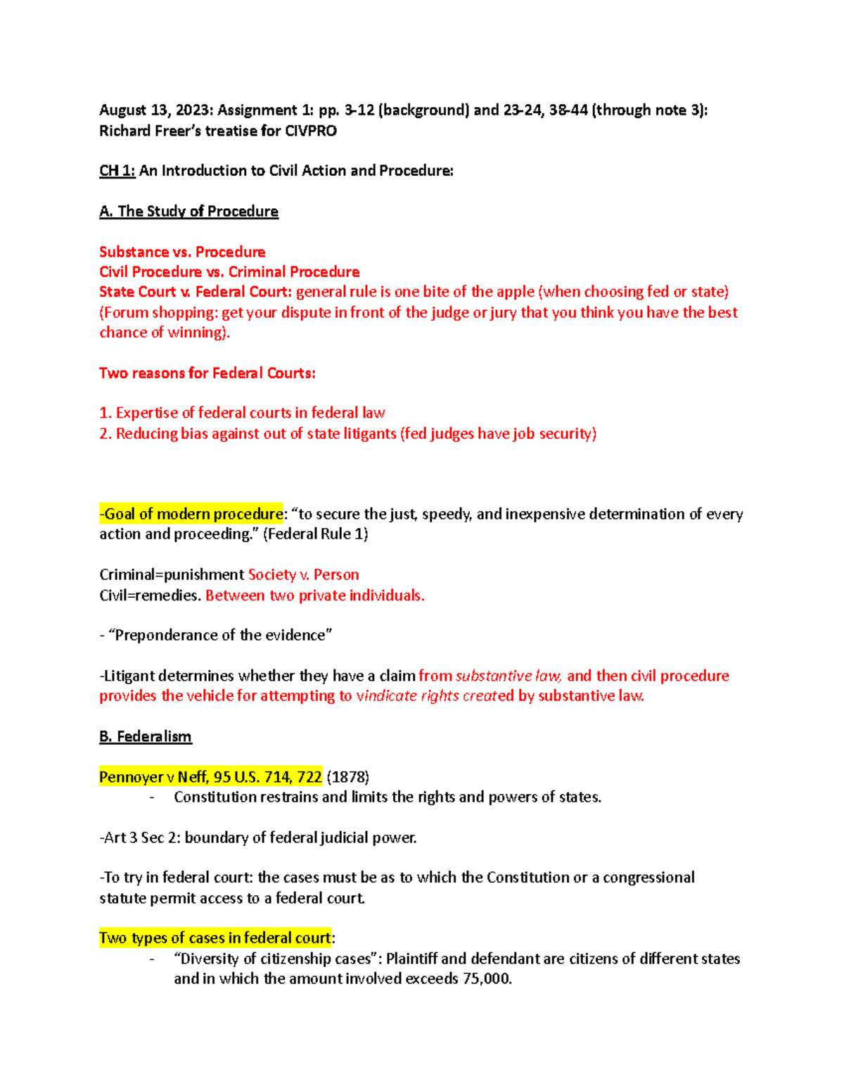 Civ Pro Notes - August 13, 2023: Assignment 1: Pp. 3-12 (background ...