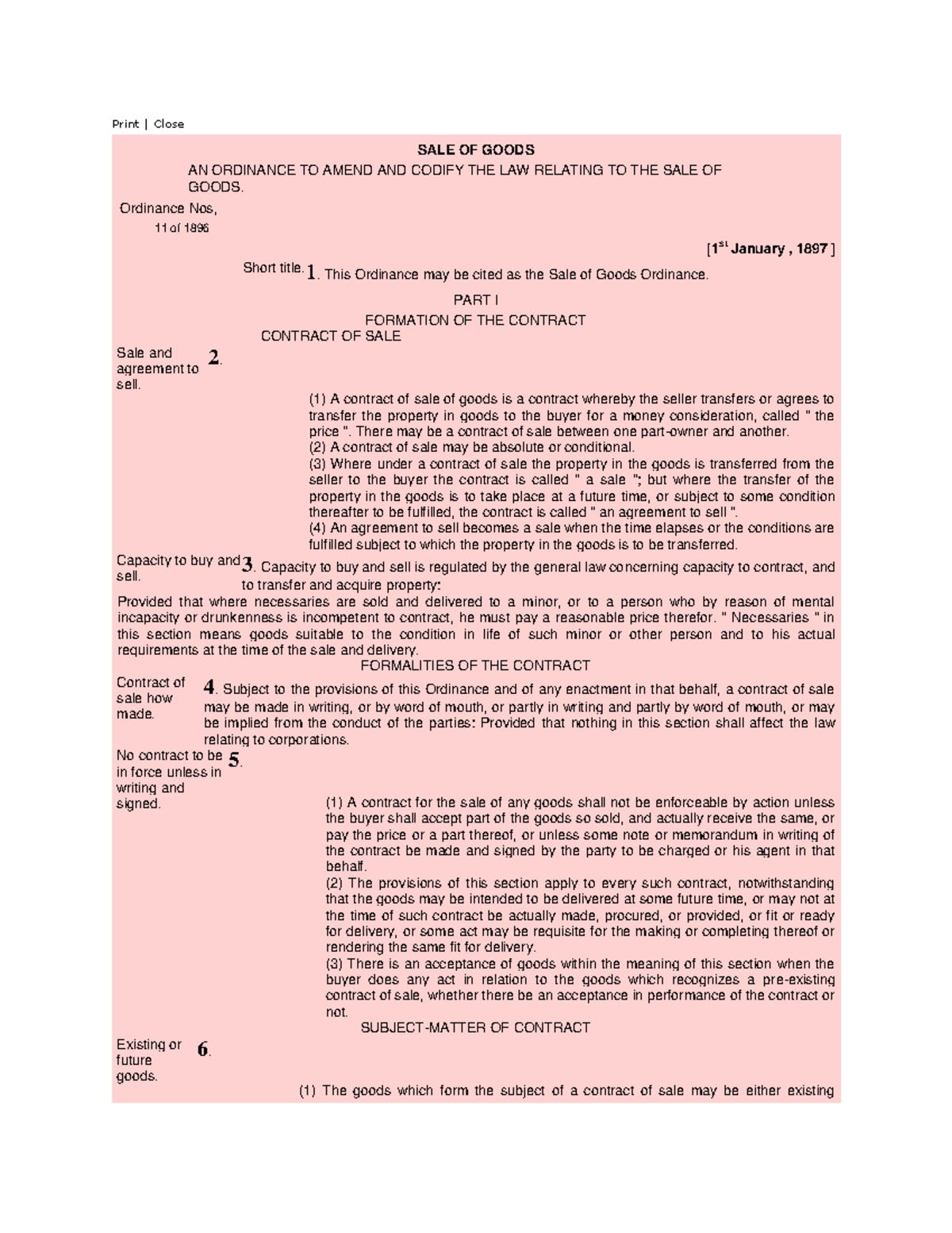 Sale of goods ordinance - Print | Close SALE OF GOODS AN ORDINANCE TO ...
