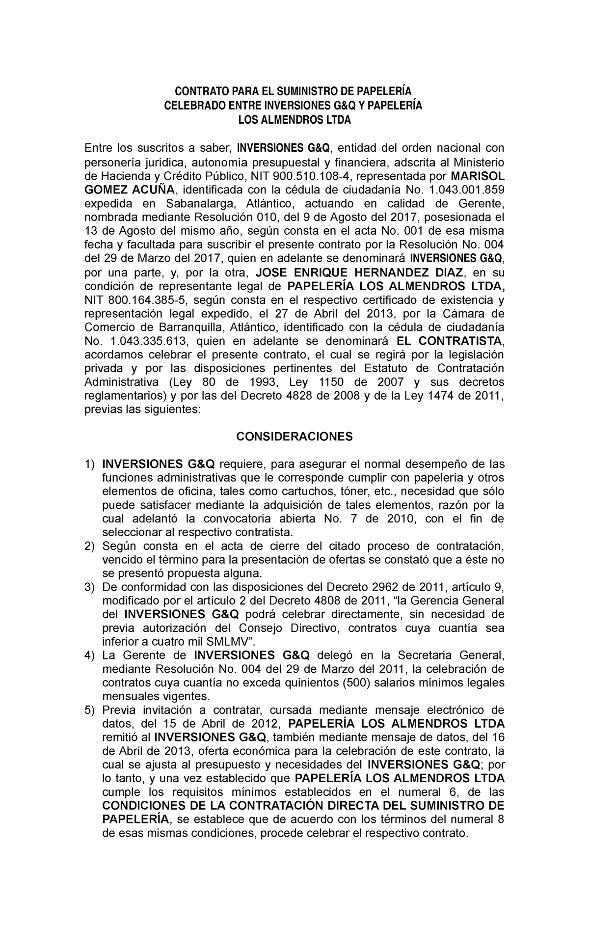 Act 7 tarea 4 legislacion contrato) - CONTRATO PARA EL SUMINISTRO DE  PAPELERÍA CELEBRADO ENTRE - Studocu