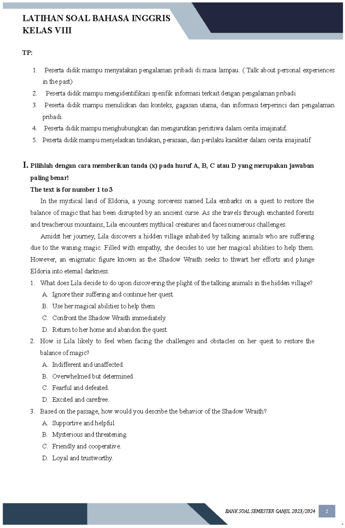 (BING) BANK SOAL Kelas VIII KELAS VIII TP 1. Peserta didik mampu