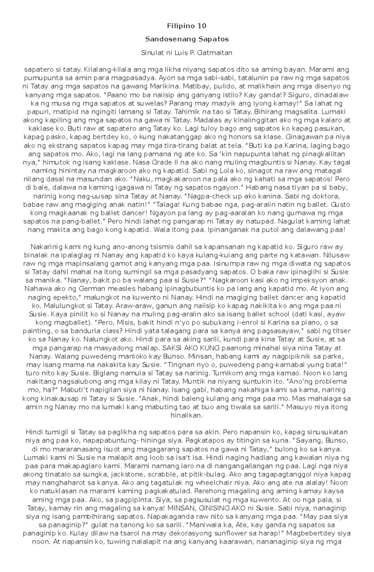 Grade 10 Story 1 Sandosenang Sapatos - Filipino 10 Sandosenang Sapatos ...