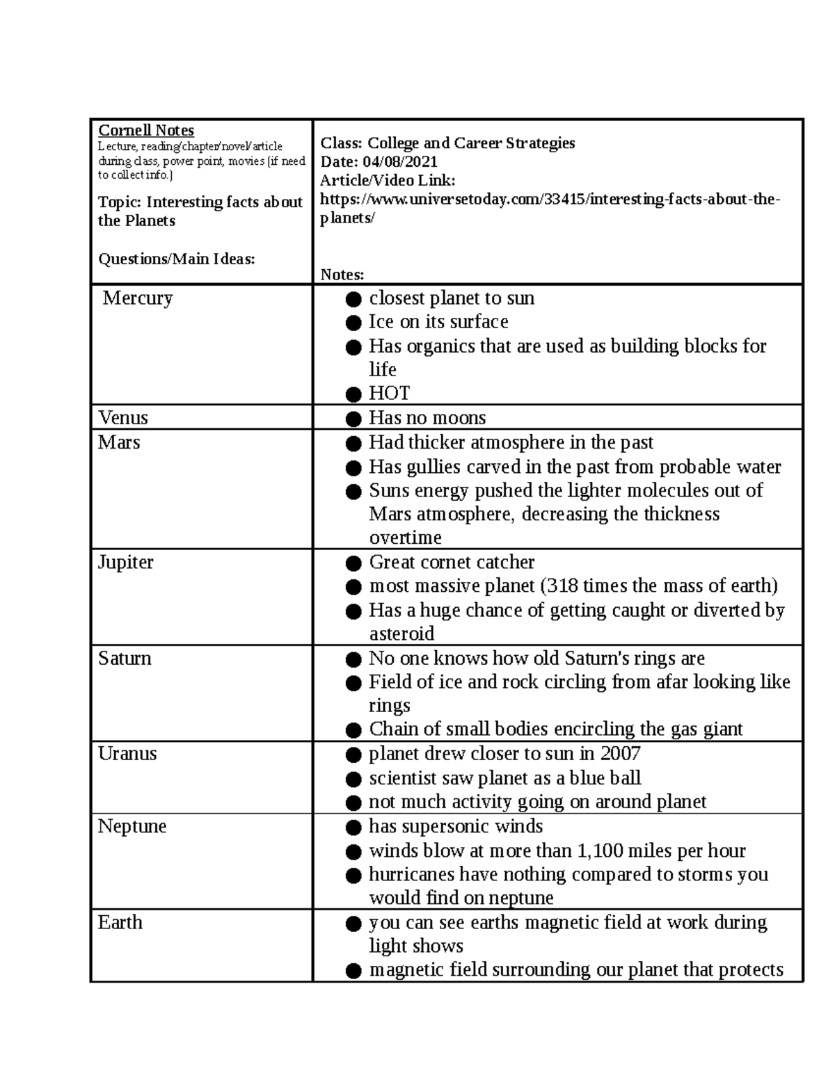 Cornell note taking example - Cornell Notes Lecture, reading/chapter ...