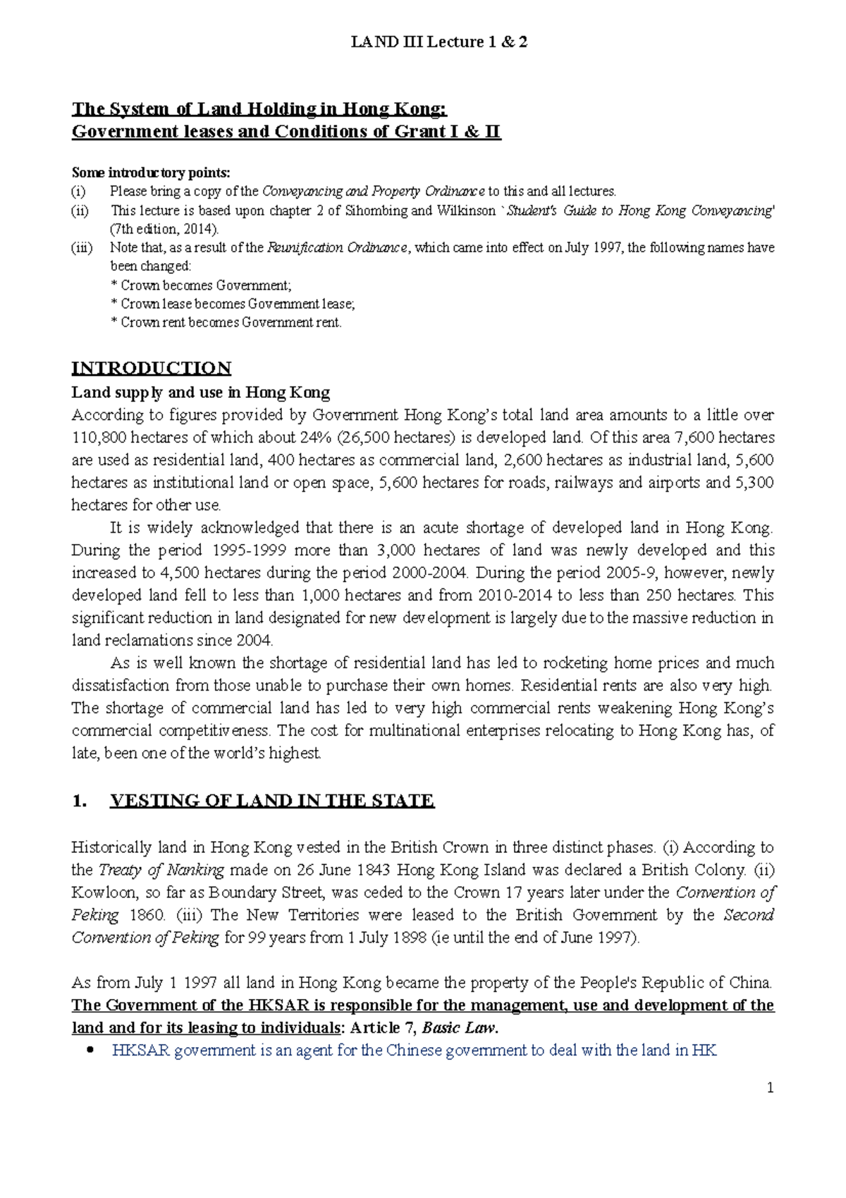 LAND Lecture 1 2 Crown Leases The System of Land Holding in Hong Kong